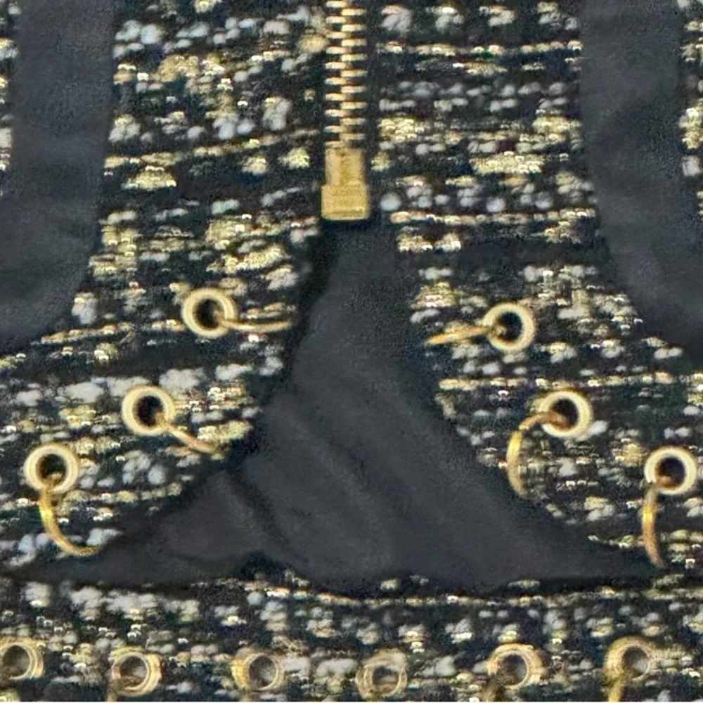RAMY BROOK Rhonda Tweed Zip-Front Mini Skirt Gold Zipper Hardware Size 8 Black - Picture 14 of 15